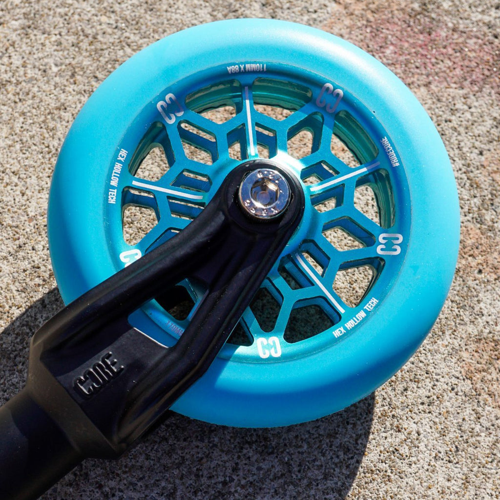 Core-Hex-Hollow-Stunt-Scooter-Wheel-110mm-Blue-In-Fork