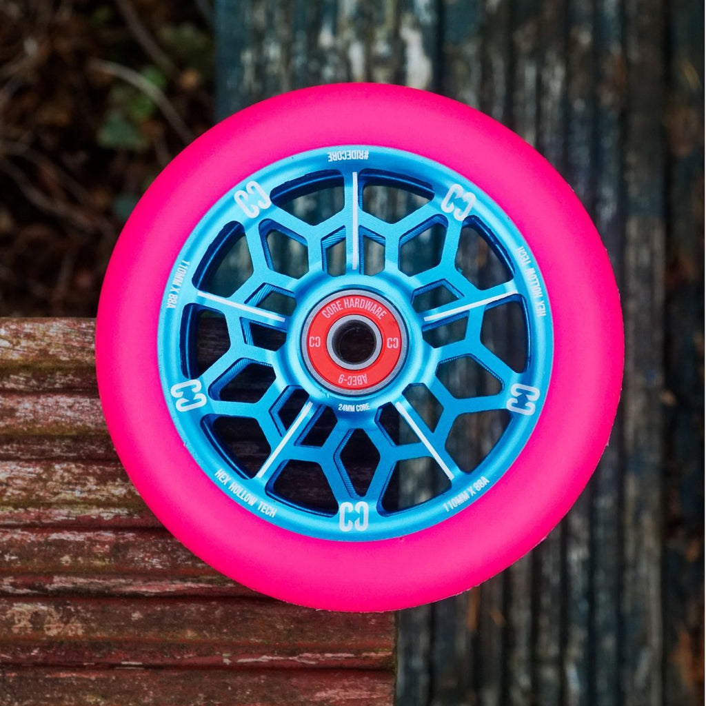 Core-Hex-Hollow-Stunt-Scooter-Wheel-110mm-Pink-Blue-Close-Up