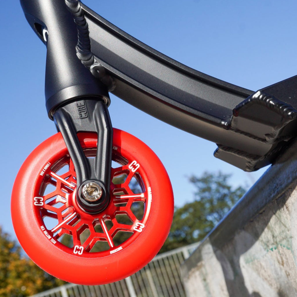 Core-Hex-Hollow-Stunt-Scooter-Wheel-110mm-Red-On-Scooter