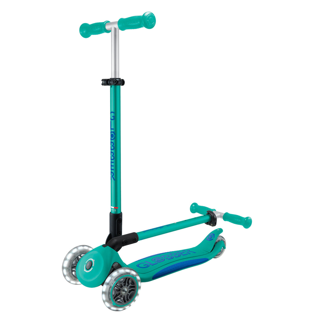Globber-Primo-Lights-Foldable-Three-Wheel-Scooter-Emerald-Fold