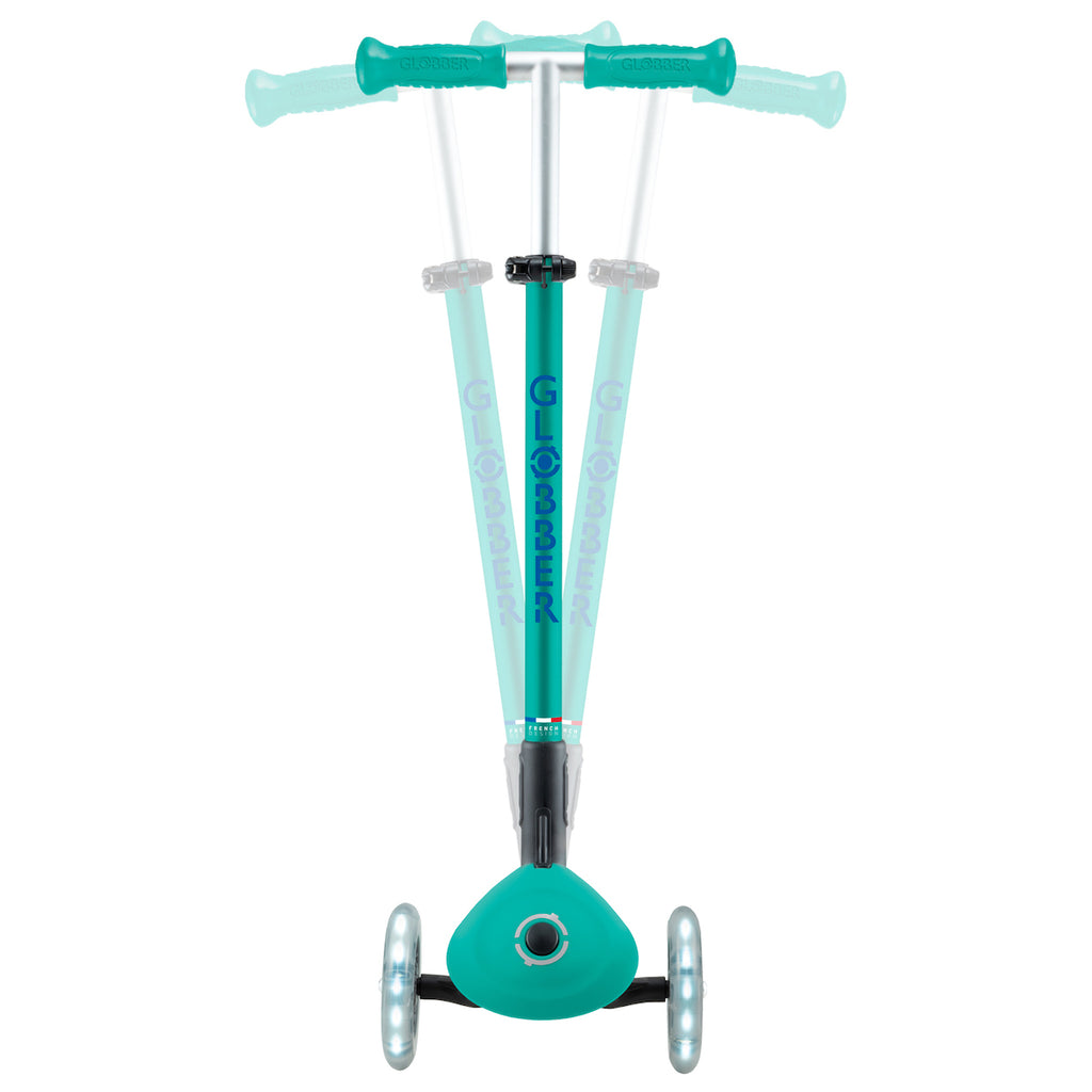 Globber-Primo-Lights-Foldable-Three-Wheel-Scooter-Emerald-Lean